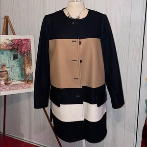 CLUB MONACO NEUTRALS COLOUR BLOCK WOOL COAT W LEATHER TRIM SZ XL